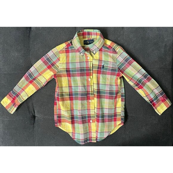 Ralph Lauren Yellow/Red Multi Color Plaid  Kids Button Down 3/3T Long Sleeve - Picture 1 of 4